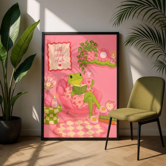Self Care Frog, Coquette Cottagecore Animal Poster