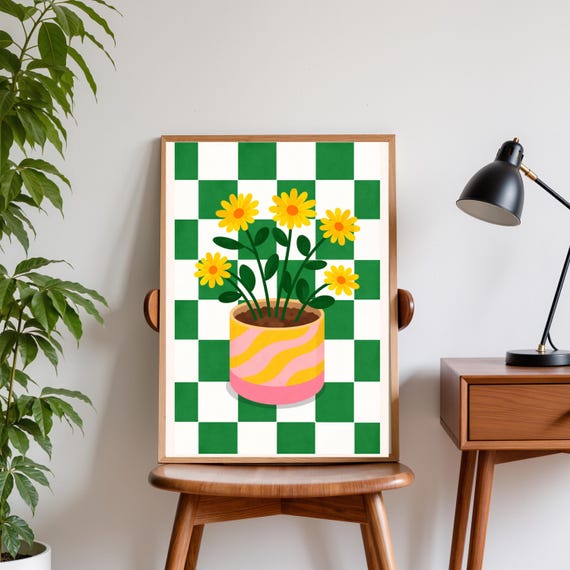 Yellow Flower Plant Poster Green Checkerboard Wall Art Modern Botanical Print Playful Dopamine Decor