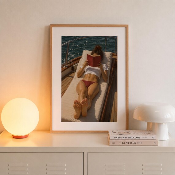 Woman Reading Boat Deck Red Book Sunny Coastal Vacation Poster