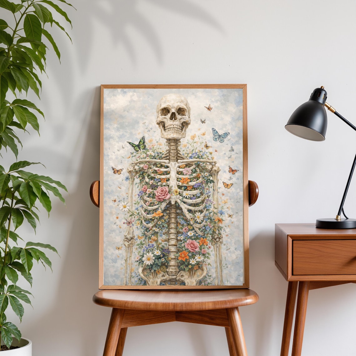 Floral Skeleton Butterfly Anatomy, Botanical Skull Print