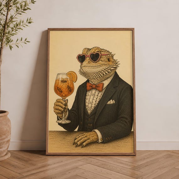 Funny Bearded Dragon Cocktail Print Whimsical Animal Wall Art Quirky Bar Decor Download