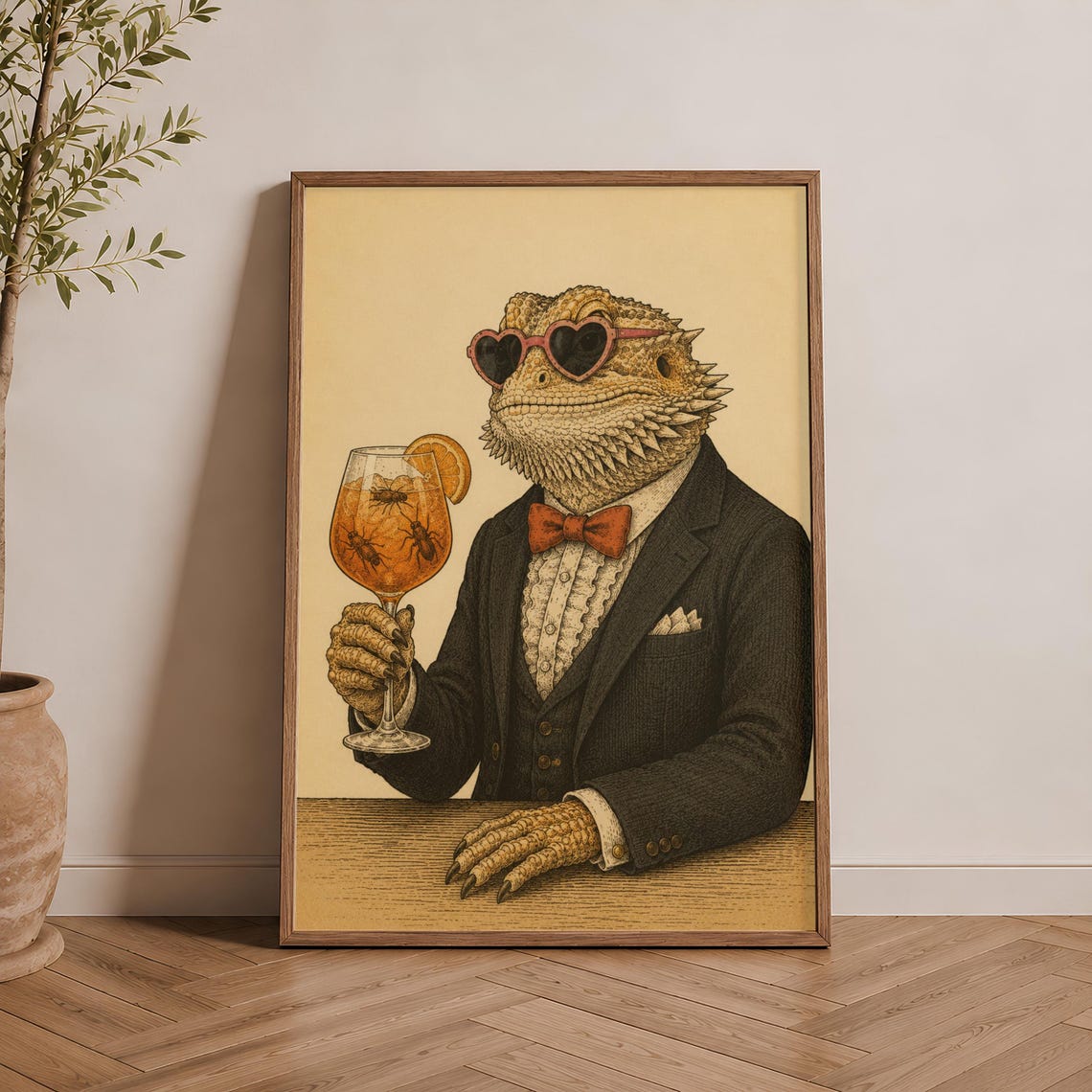 Dapper Bearded Dragon Cocktail Poster Whimsical Funny Bar Decor