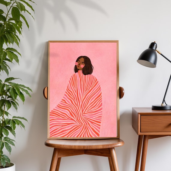 Pink Striped Woman Poster Modern Feminine Illustration Wall Art Minimalist Abstract Female Portrait Print