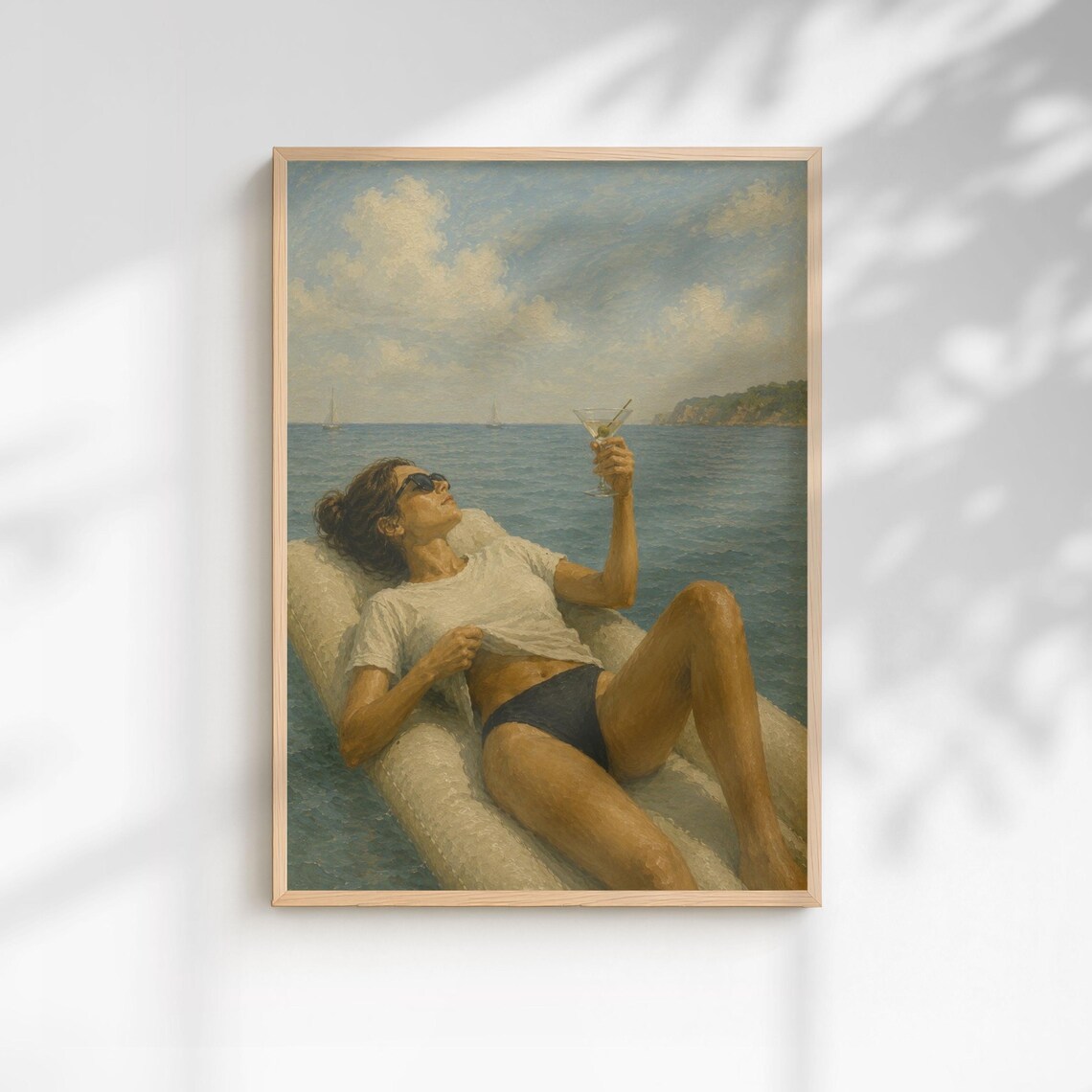 Woman Sunbathing On Boat With Martini Vintage Coastal Oil Painting Poster