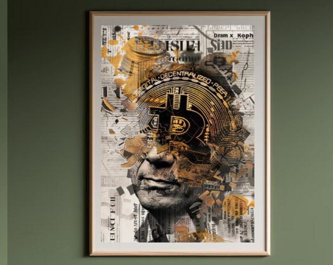 Bitcoin Newspaper Collage Crypto Currency Office Decor Art Print
