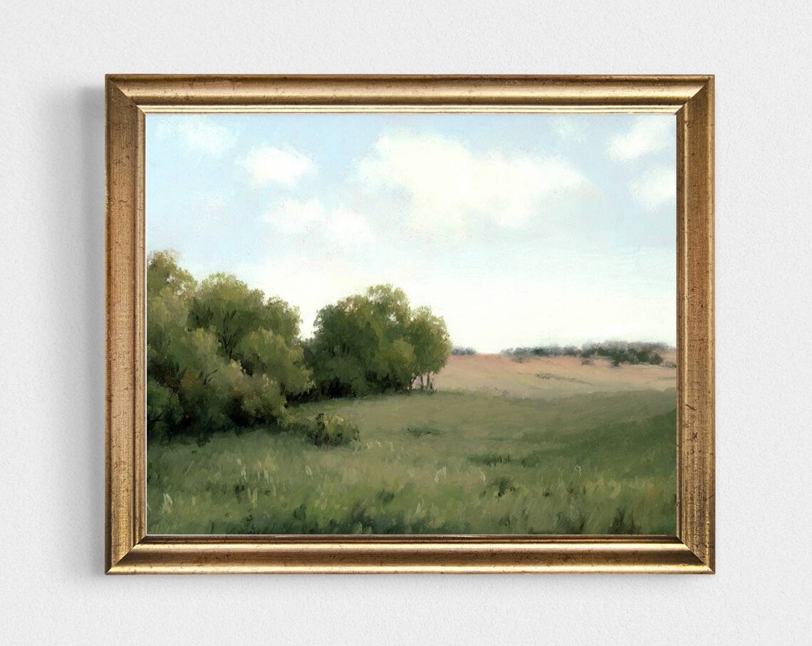 Neutral Green Meadow Landscape, Minimalist Art Print
