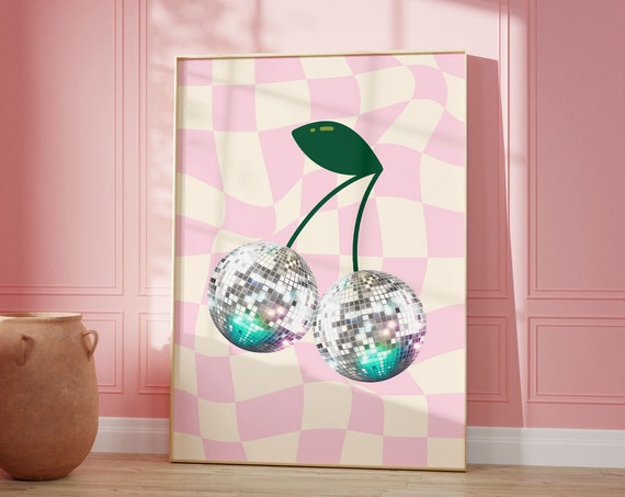 Disco Ball Print Pastel Pink Retro Trendy Wall Art Cherries Preppy Dorm Poster Mirrorball