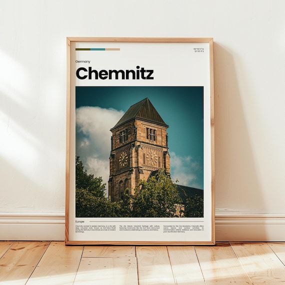 Chemnitz Germany Historic Clock Tower Blue Sky Travel Poster