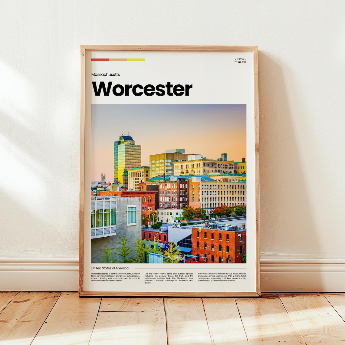 Worcester Massachusetts Downtown Sunset Skyline Photo Travel Poster