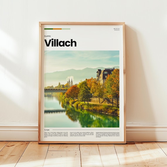 Villach Austria Autumn River Drau Bridge Church Travel Poster