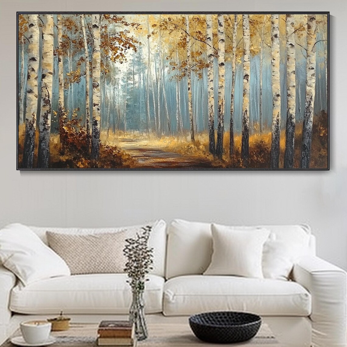 Golden Birch Forest Autumn Path Misty Woodland Landscape Wall Art