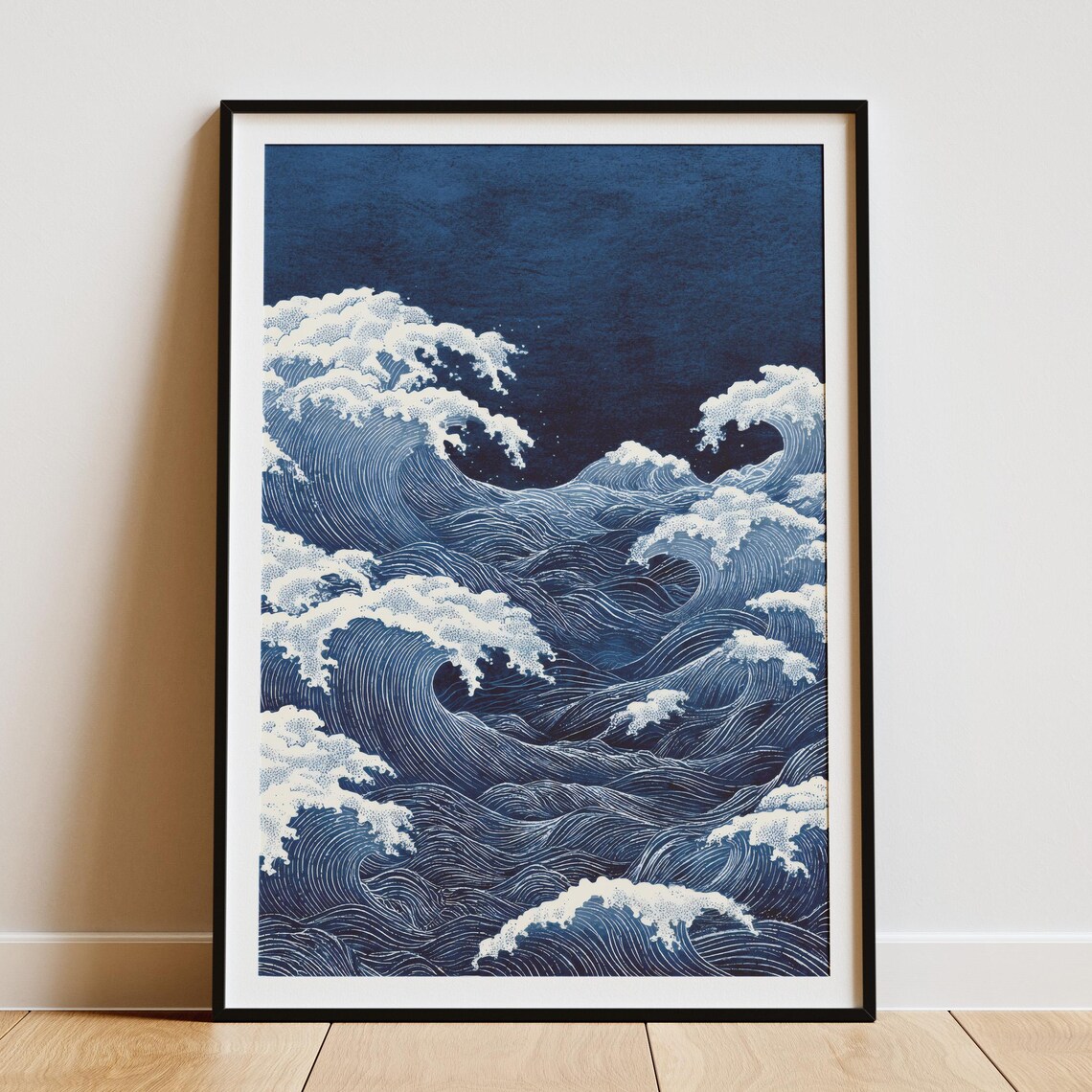 Midnight Blue Waves Foamy Surf Japanese Style Ocean Art Print