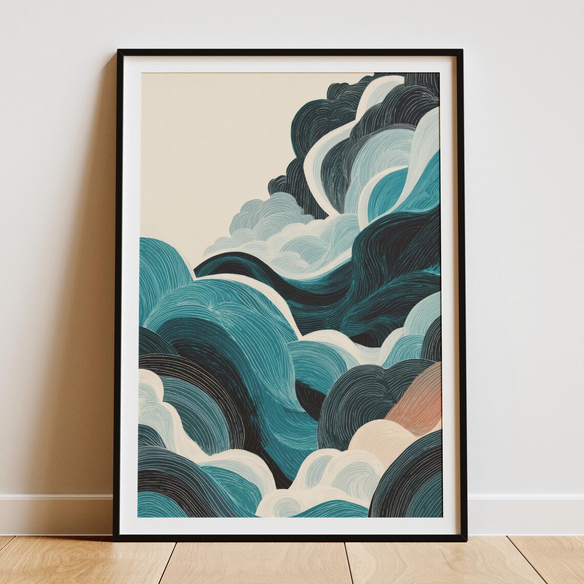 Flowing Blue Waves Abstract Ocean Line Art Coastal Wall Poster