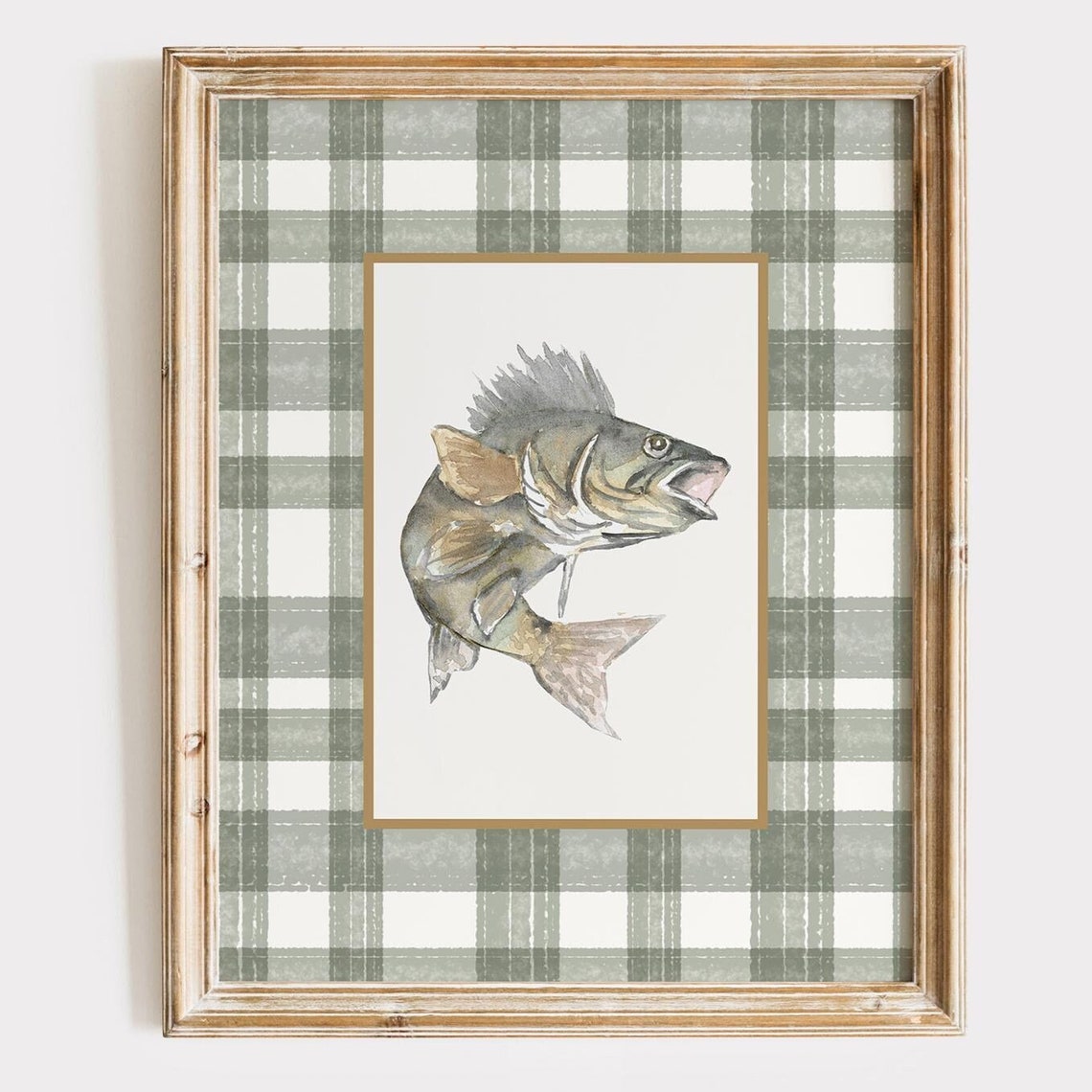 Rustic Largemouth Bass Watercolor on Sage Plaid Background Poster