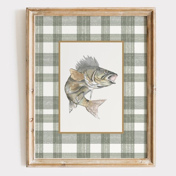 Flying Fish Wall Art Rustic Green Plaid Print