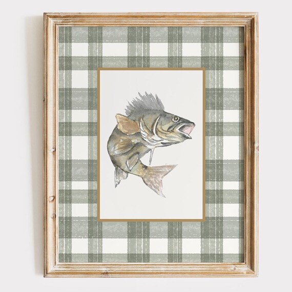 Rustic Largemouth Bass Watercolor on Sage Plaid Background Poster