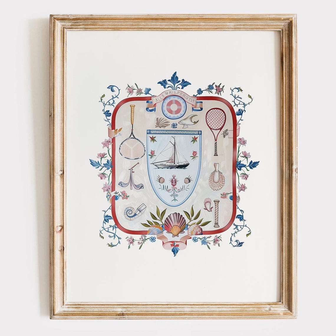 Coastal Chinoiserie Sailboat Crest Shield Summer Heraldry Print