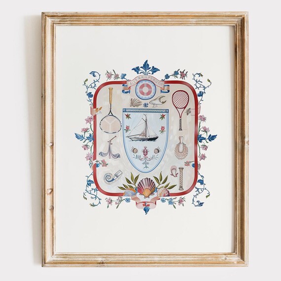 Coastal Chinoiserie Sailboat Crest Shield Summer Heraldry Print