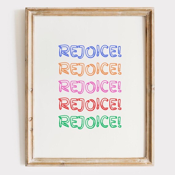 Rejoice Colorful Stacked Lettering Playful Rainbow Quote Poster