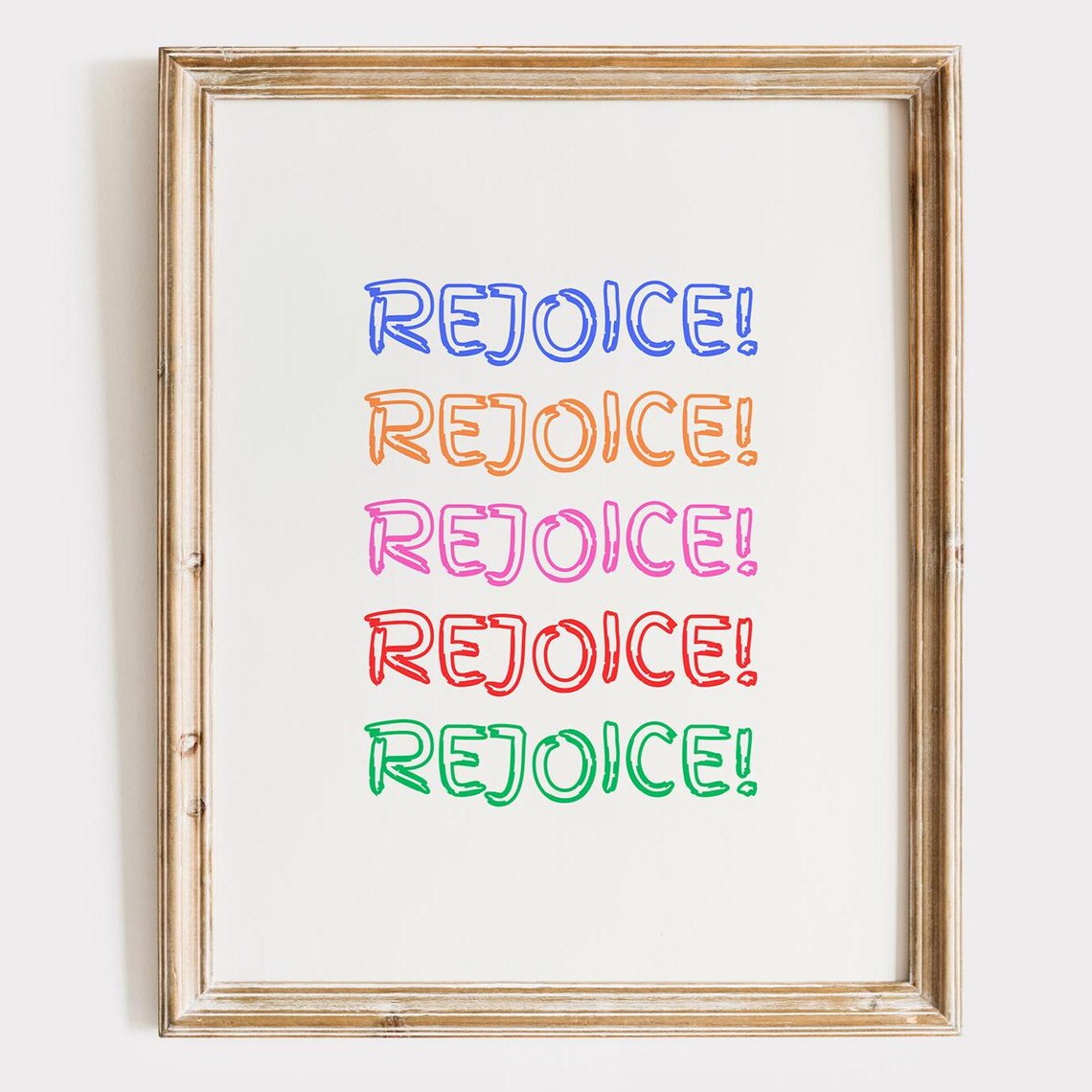 Rejoice Colorful Stacked Lettering Playful Rainbow Quote Poster