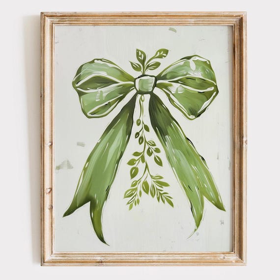 Green Coquette Bow Print Botanical Girly Wall Art