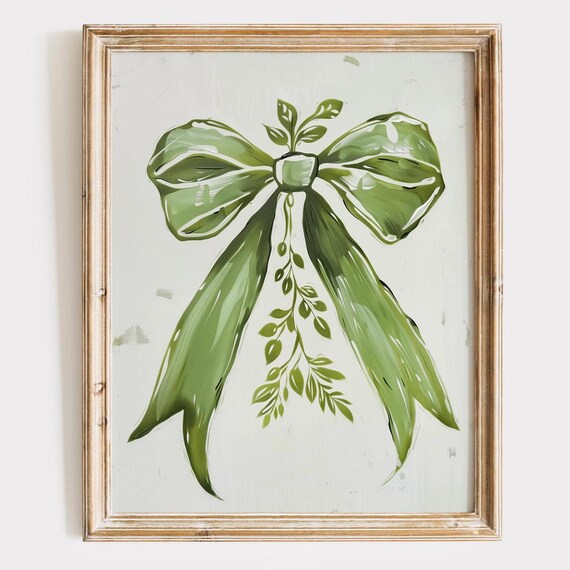 Sage Green Bow With Botanical Sprig Coquette Floral Painting Poster
