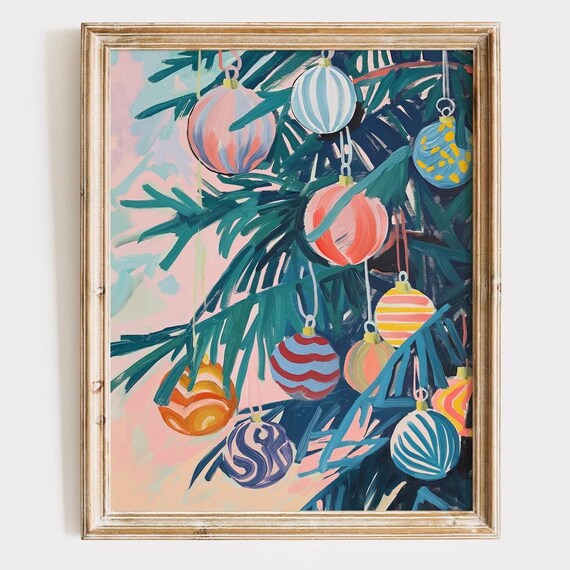 Colorful Christmas Ornaments Painted Holiday Branch Art Poster