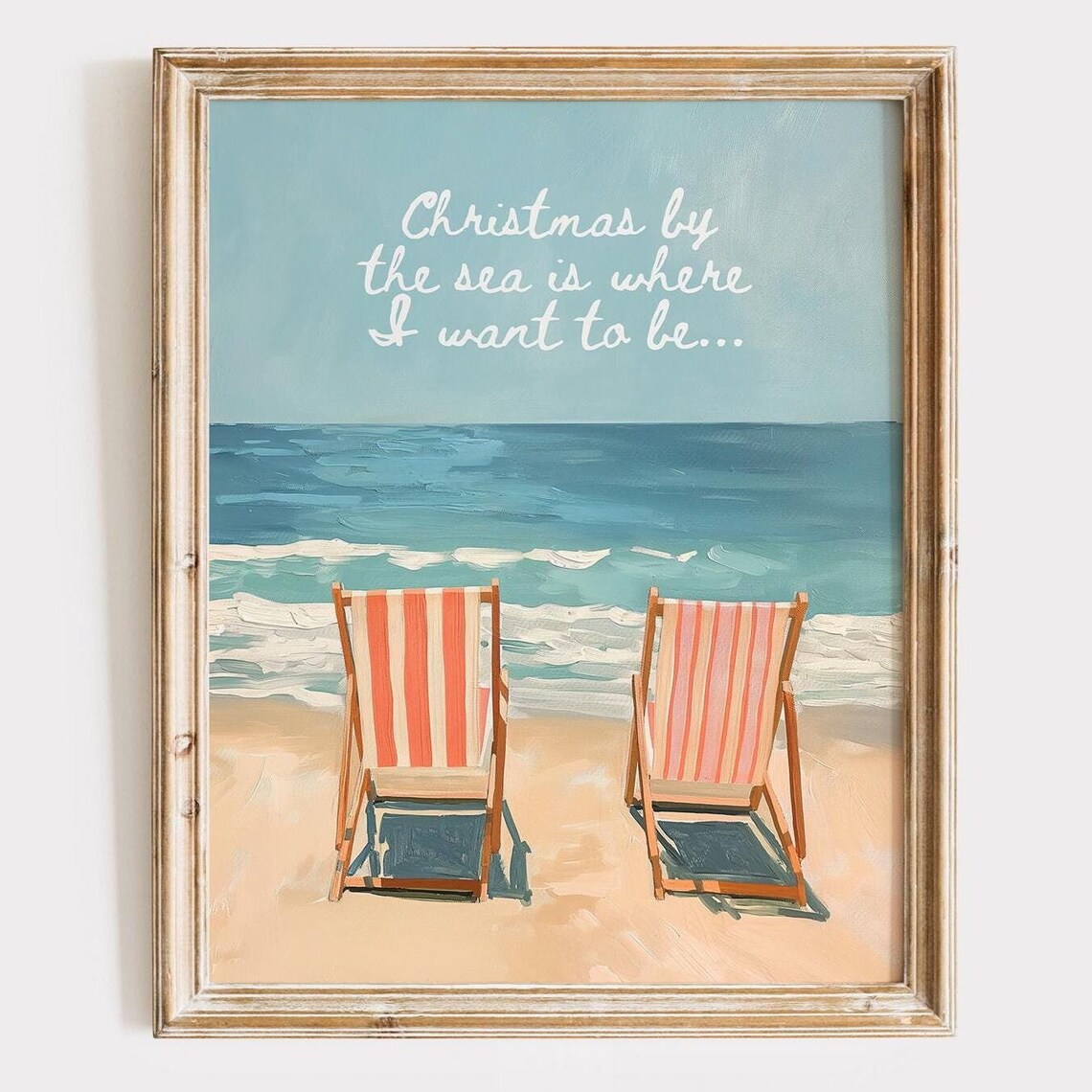 Christmas by the Sea Striped Beach Chairs Holiday Quote Art Poster