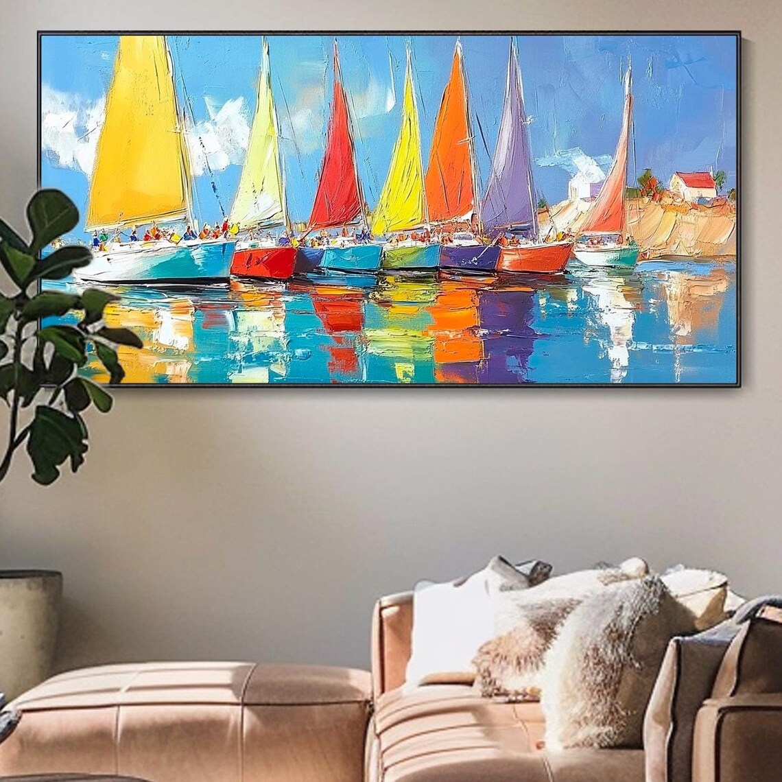 Colorful Sailboats Harbor Regatta Bright Sails Reflection Textured Wall Art