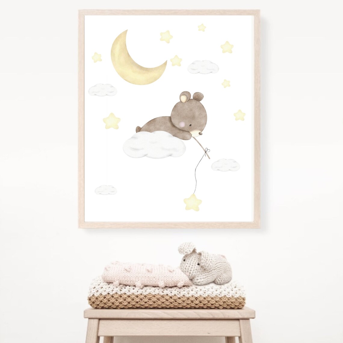 Sleepy Bear Cub Moon Stars Watercolor Dreamy Nursery Kids Poster - Image 2