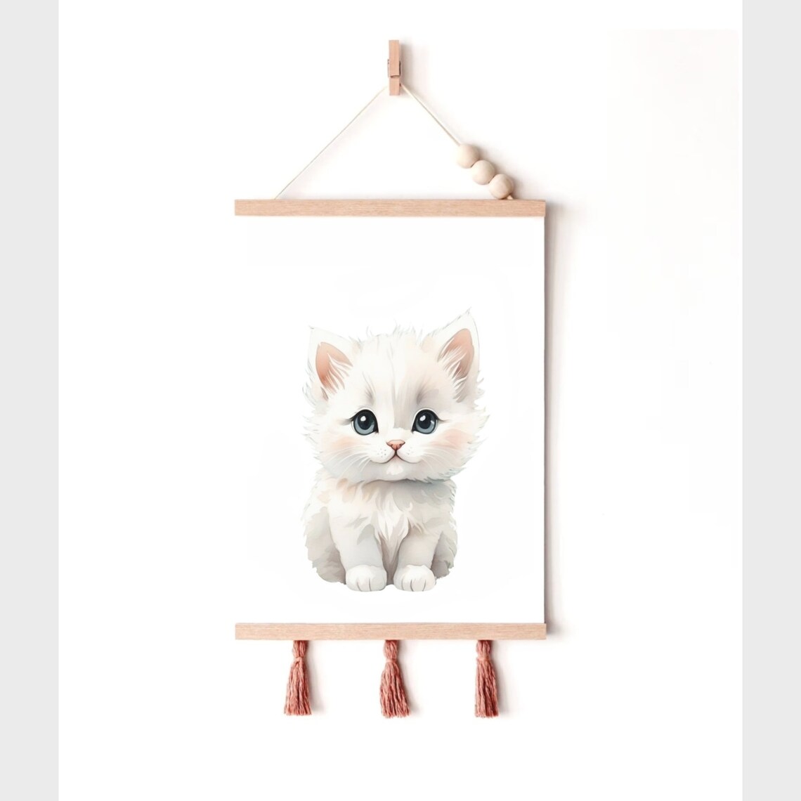 White Fluffy Kitten With Blue Eyes Watercolor Baby Nursery Kids Room Poster - Image 2