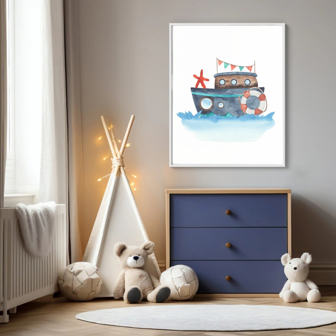 Watercolor Tugboat With Starfish Life Ring Bunting Flags Boys Nursery Poster - Image 2