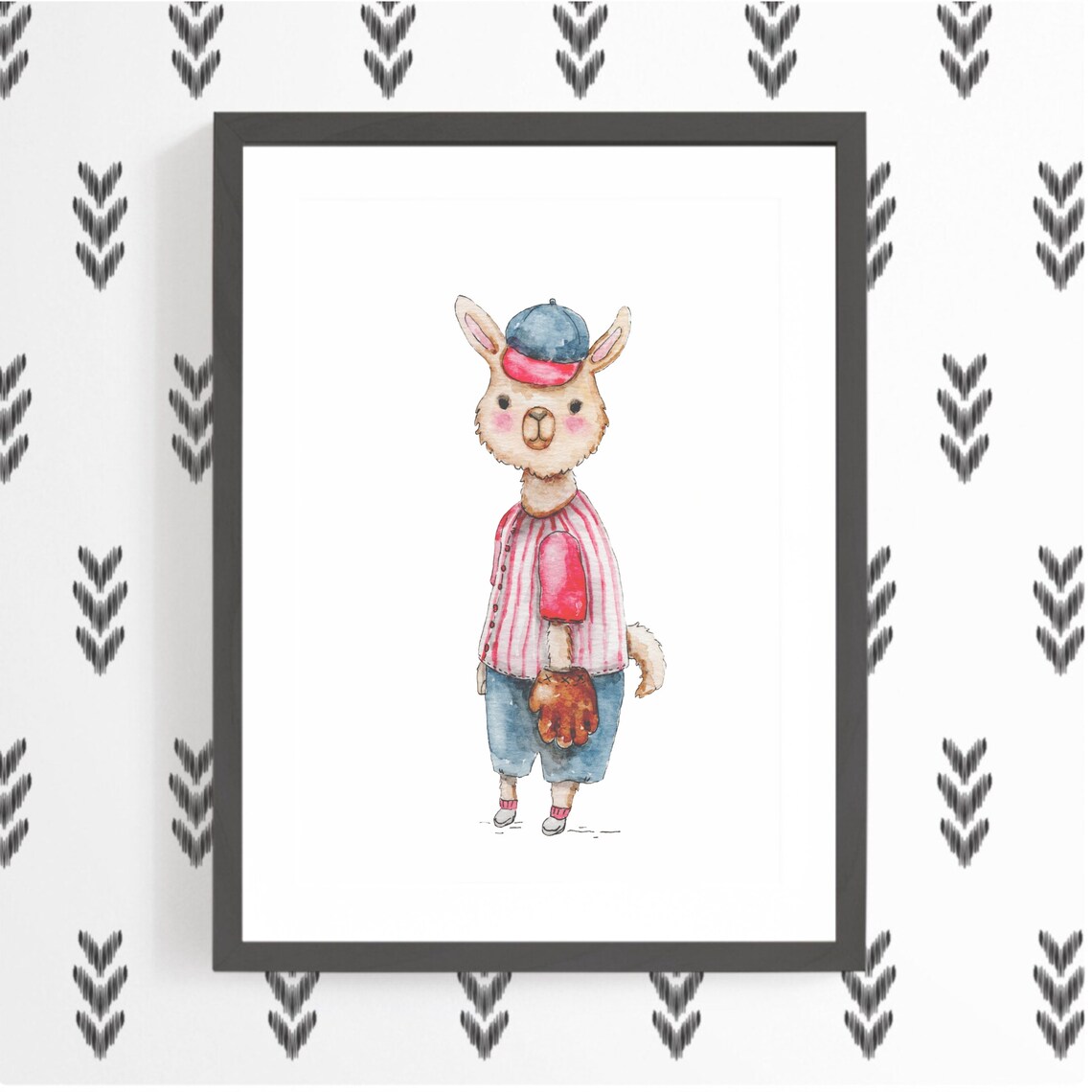Llama In Baseball Uniform With Mitt Watercolor Sports Kids Room Poster - Image 2