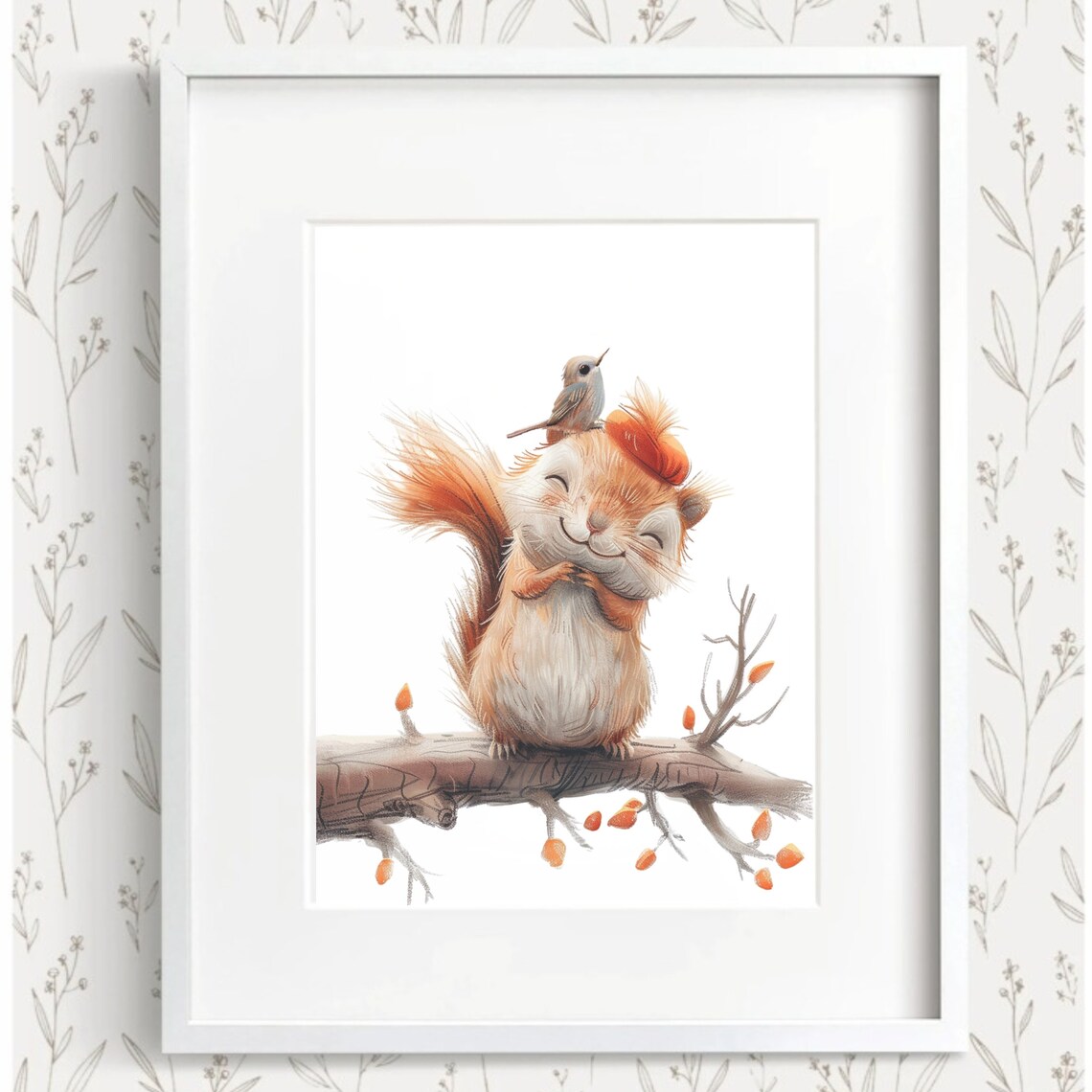 Watercolor Squirrel Branch Bird Woodland Autumn Kids Room Poster - Image 2