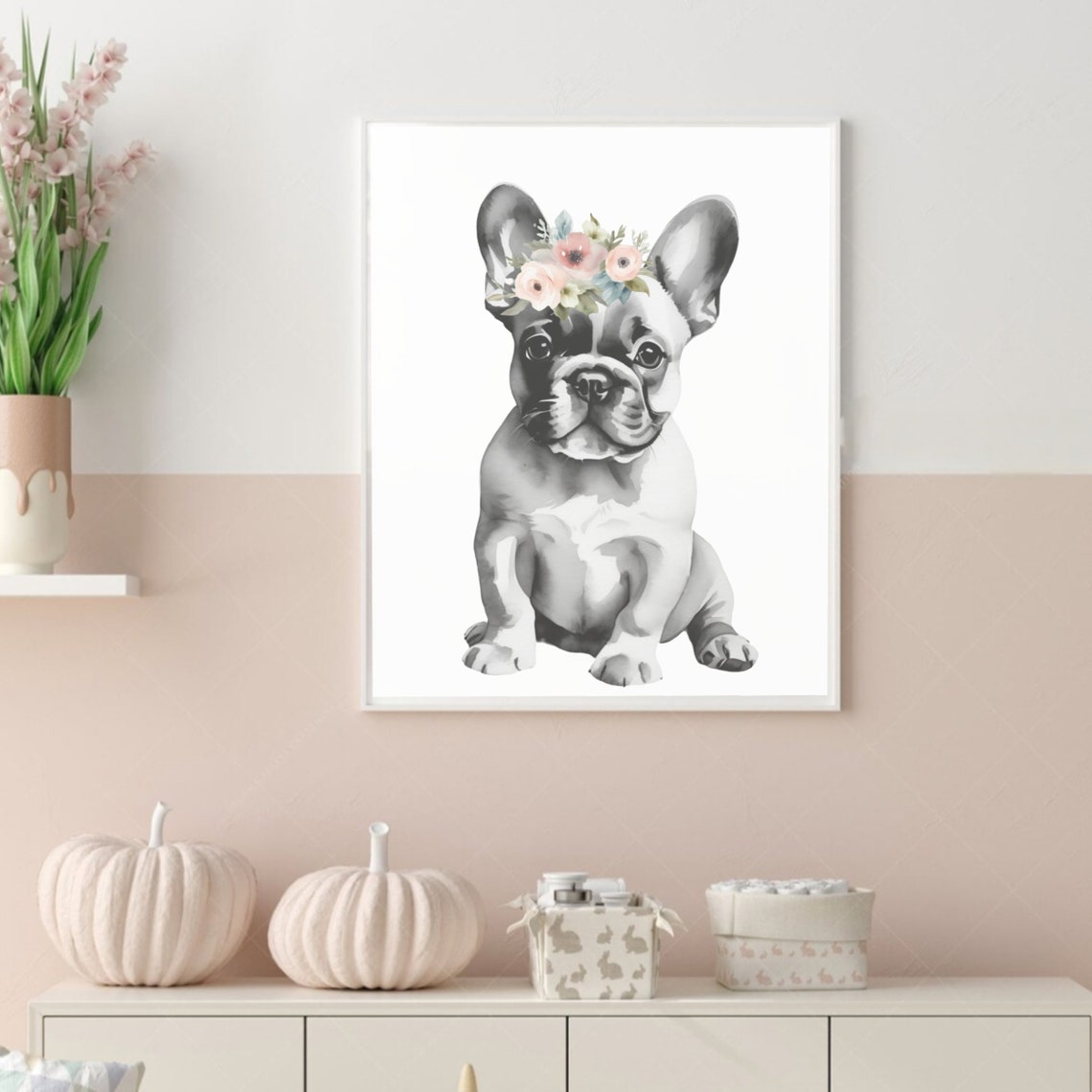 French Bulldog Print Nursery Wall Art Girls Bedroom Decor Puppy Dog With Pink Floral Crown Girls Nursery Art