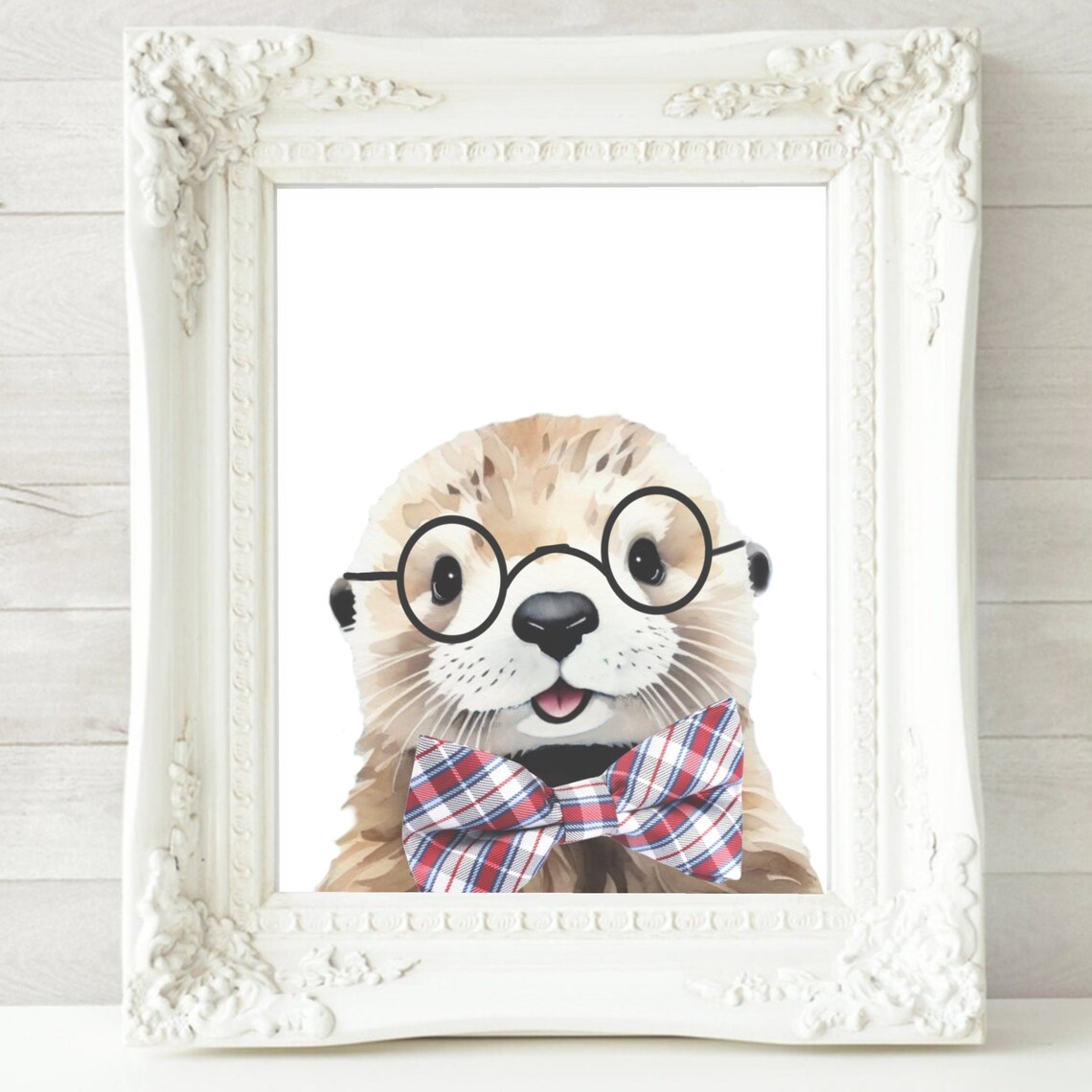 Otter With Round Glasses And Plaid Bowtie Watercolor Kids Room Fun Poster - Image 2