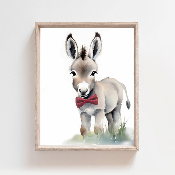 Adorable Baby Donkey Red Bow Tie Watercolor Nursery Art Poster