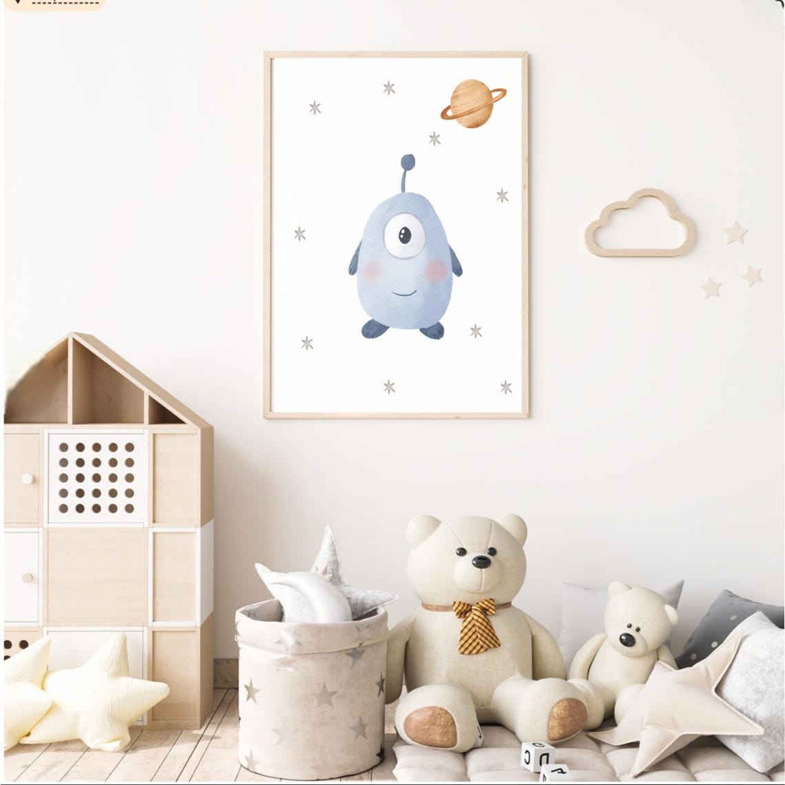 One Eyed Blue Alien with Saturn Watercolor Space Nursery Wall Poster