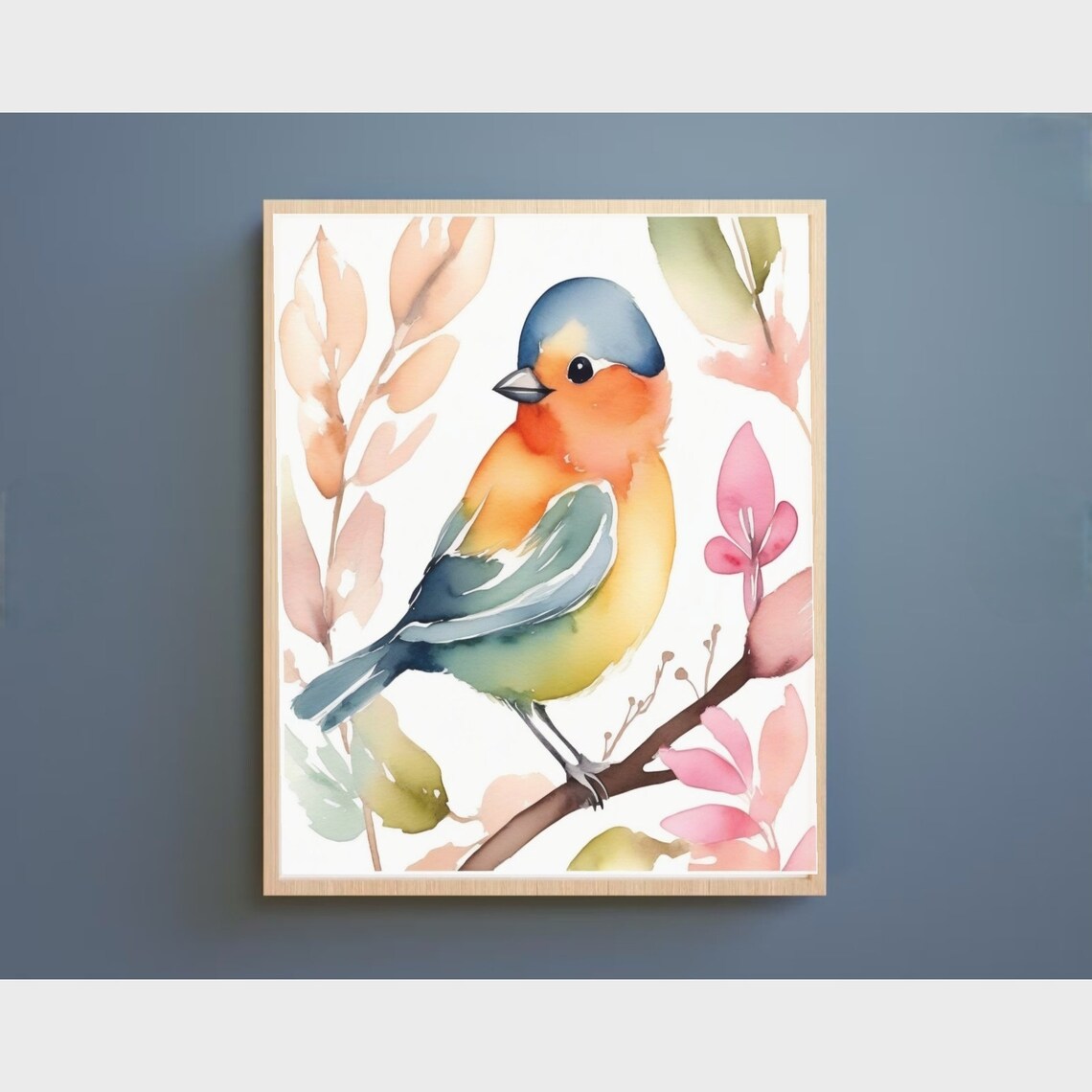 Colorful Watercolor Bird on Branch Spring Floral Nursery Poster - Image 3