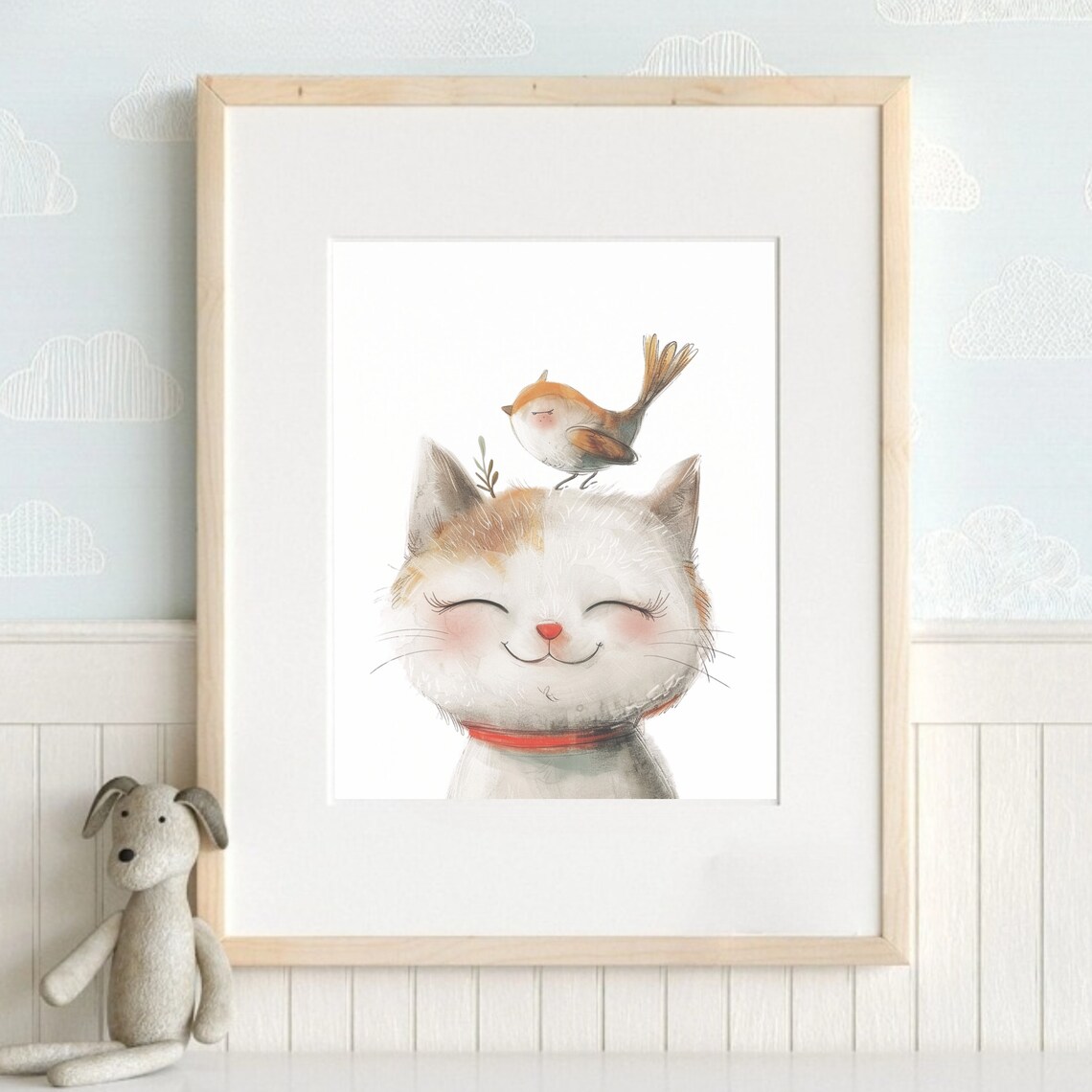 Smiling Kitten Bird Watercolor Cute Cat Baby Nursery Wall Poster - Image 2