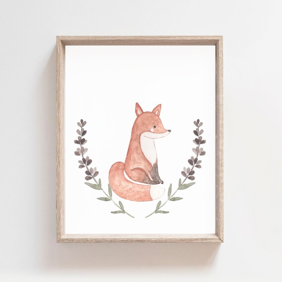 Cute Sitting Fox Woodland Wreath Watercolor Nursery Art Poster