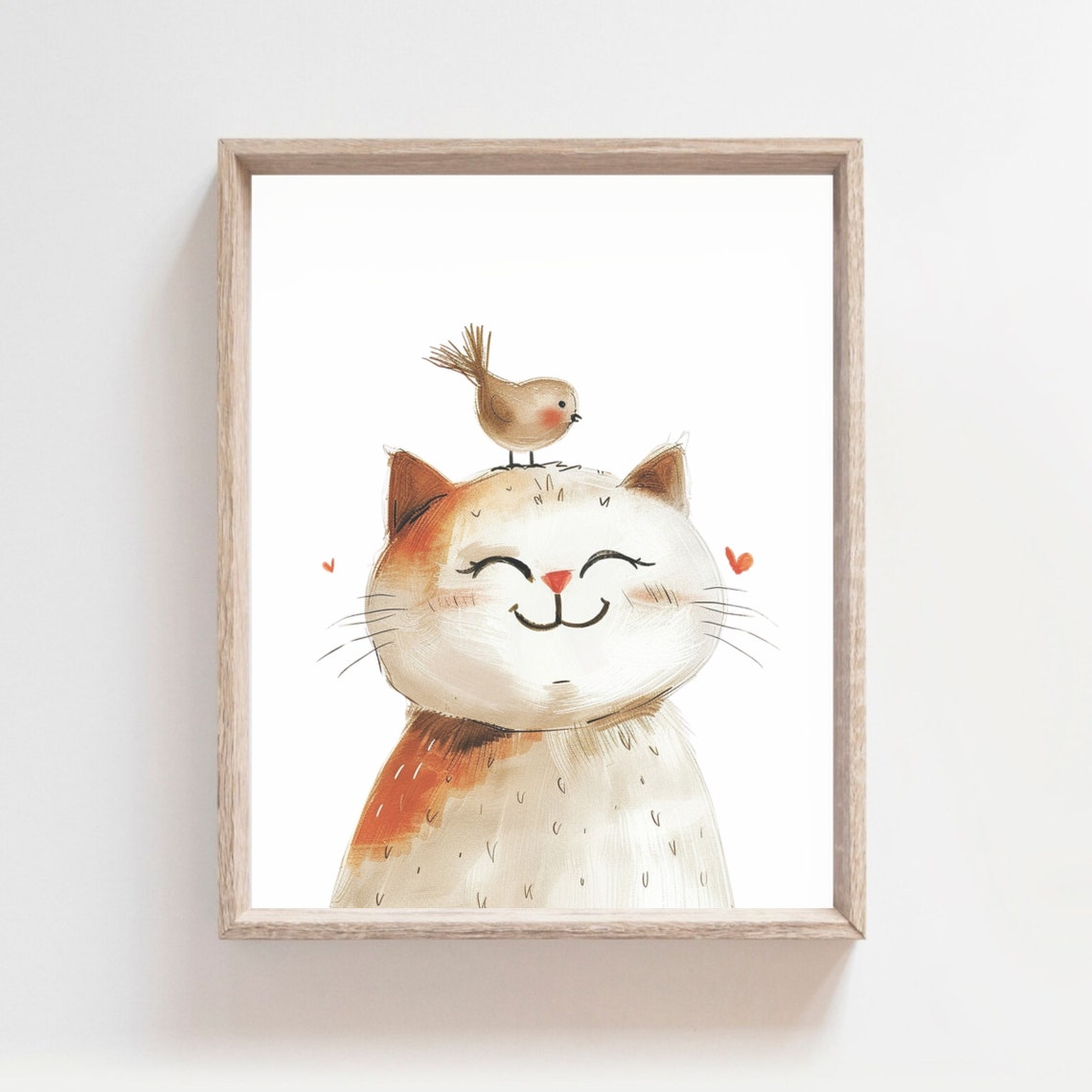 Happy Cat with Tiny Bird on Head Whimsical Nursery Wall Decor Poster