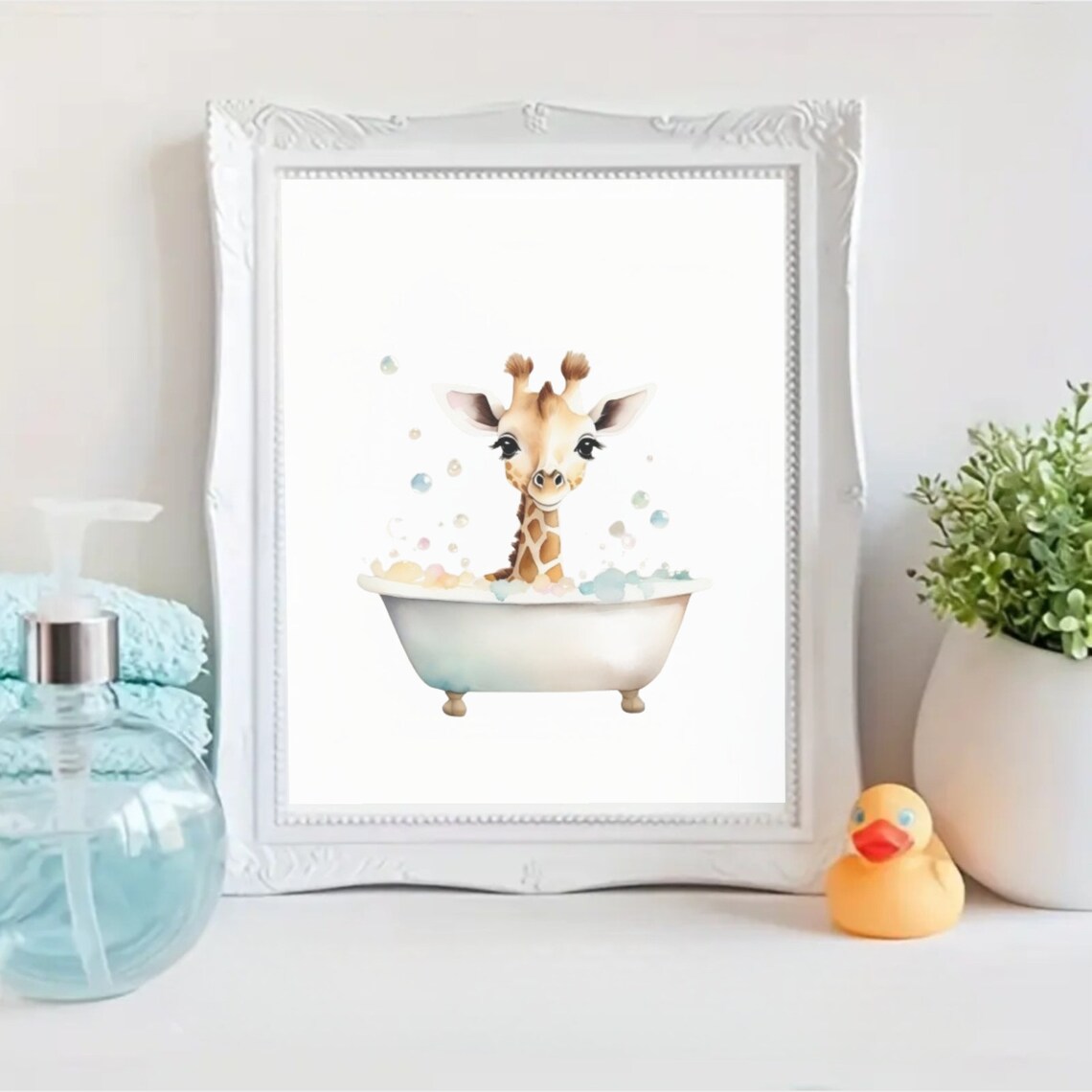 Cute Baby Giraffe In Bathtub Watercolor Kids Bathroom Art Poster - Image 3