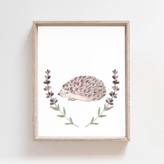 Watercolor Hedgehog With Purple Flower Wreath Woodland Nursery Poster