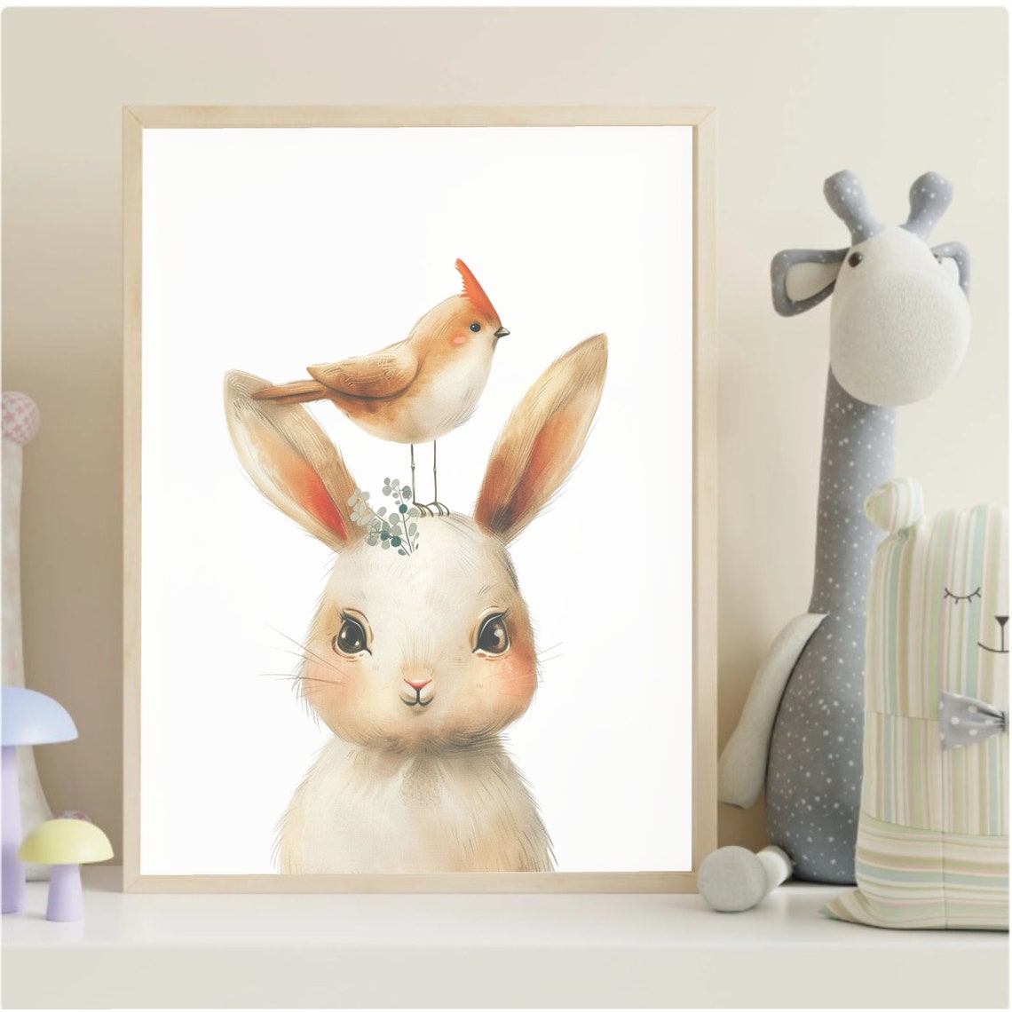 Cute Watercolor Bunny With Little Bird Resting On Its Head Poster - Image 2