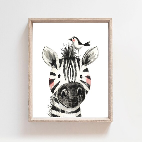 Sketchy Zebra Bird Watercolor Funny Safari Animal Kids Room Poster