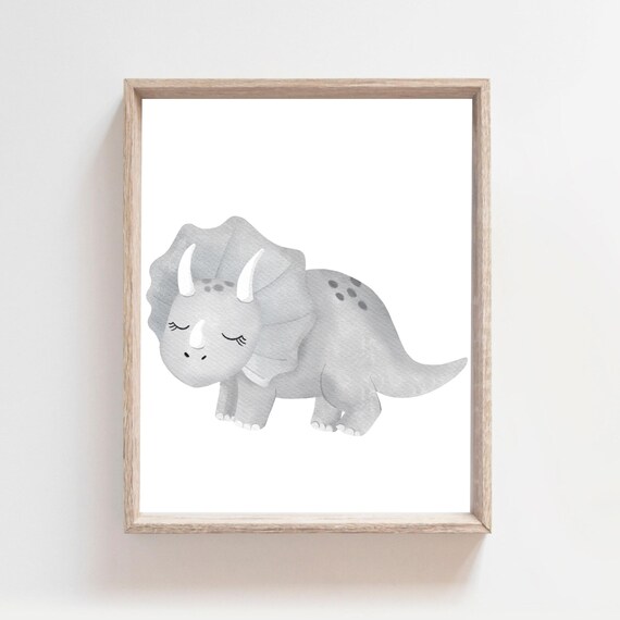 Cute Grey Triceratops Watercolor Dinosaur Nursery Wall Decor Poster