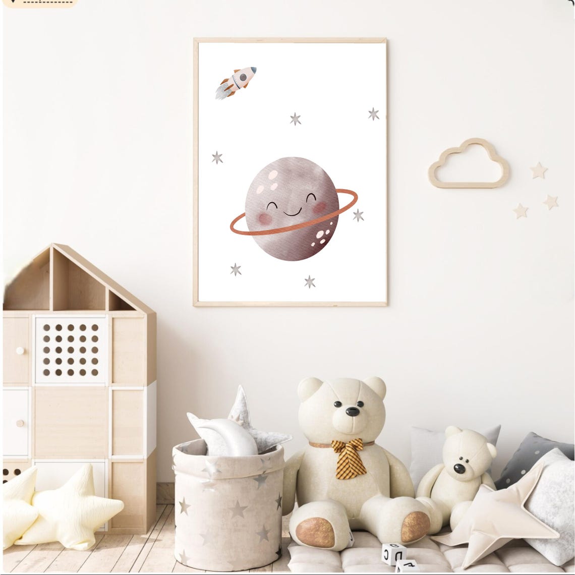 Smiling Ringed Planet with Rocket Watercolor Space Nursery Wall Poster