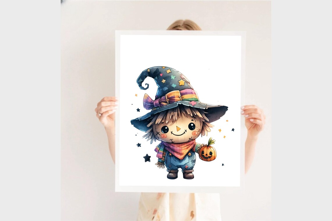 Cute Witch Scarecrow Pumpkin Stars Kids Halloween Nursery Poster - Image 2