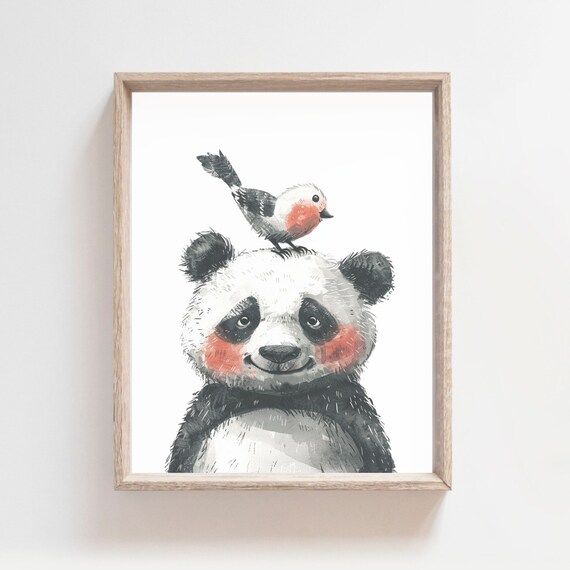 Panda With Little Bird On Head And Rosy Cheeks Watercolor Poster